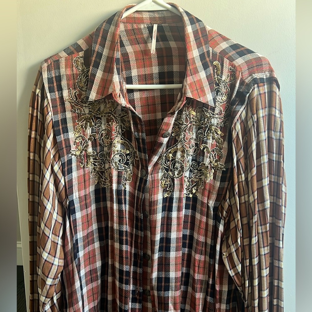 Free People embellished plaid button down